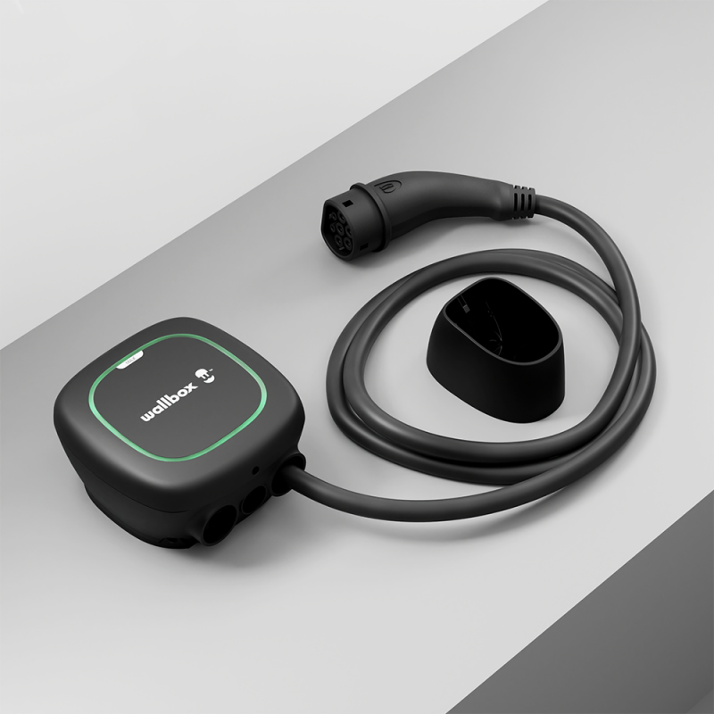 Black Wallbox Pulsar Max with its Type 2 cable and connector clearly visible.