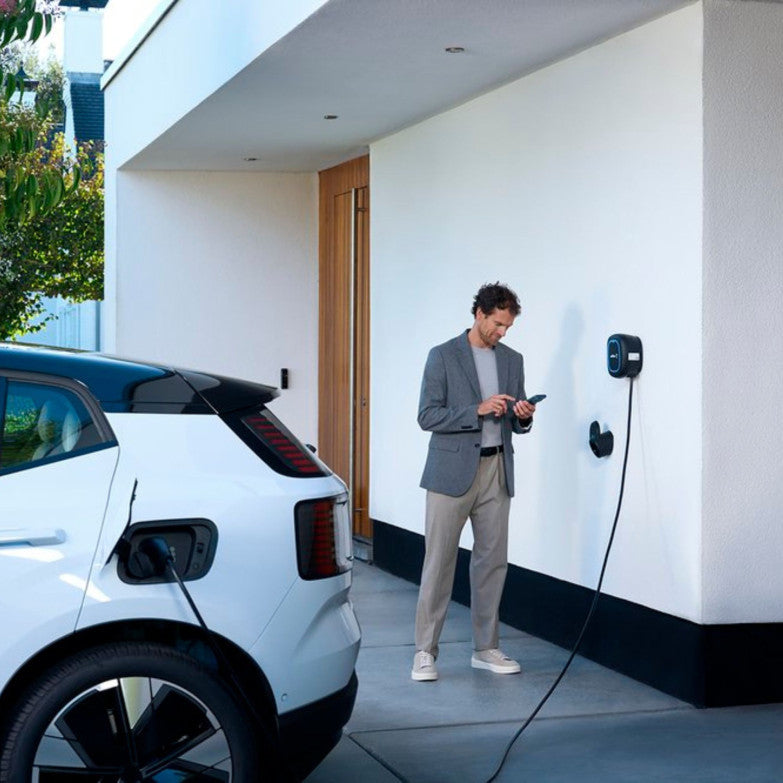 White electric car connected to a Wallbox next to a house.
