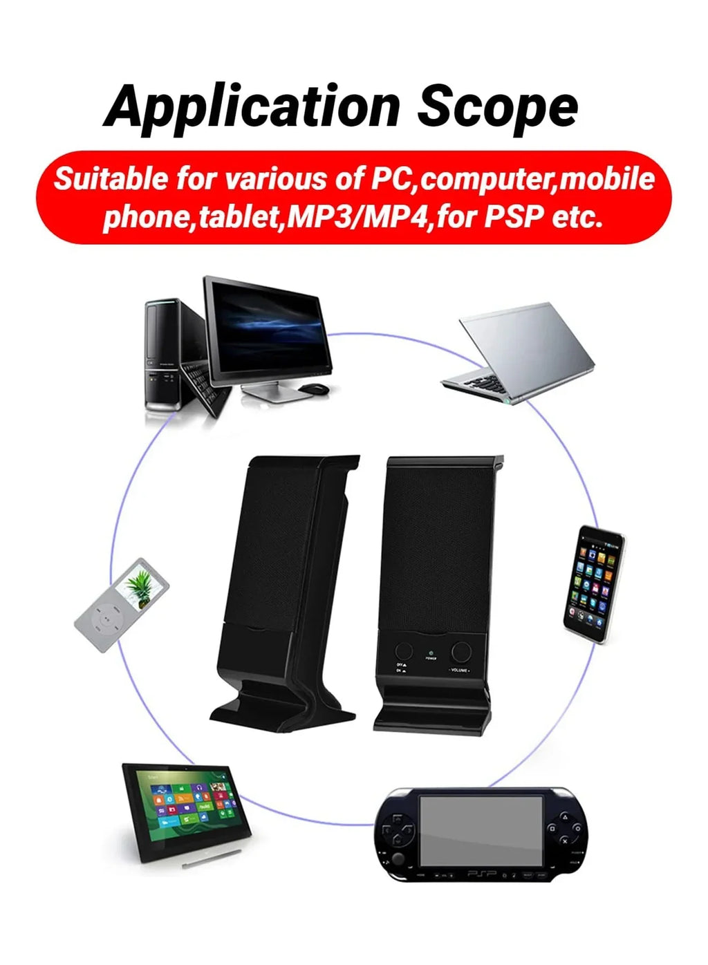 Black compact USB laptop speakers with volume control