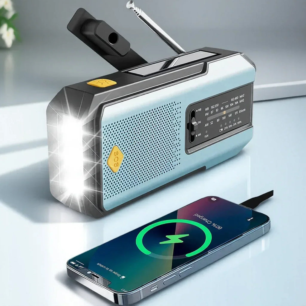 Blue solar emergency radio with LED torch