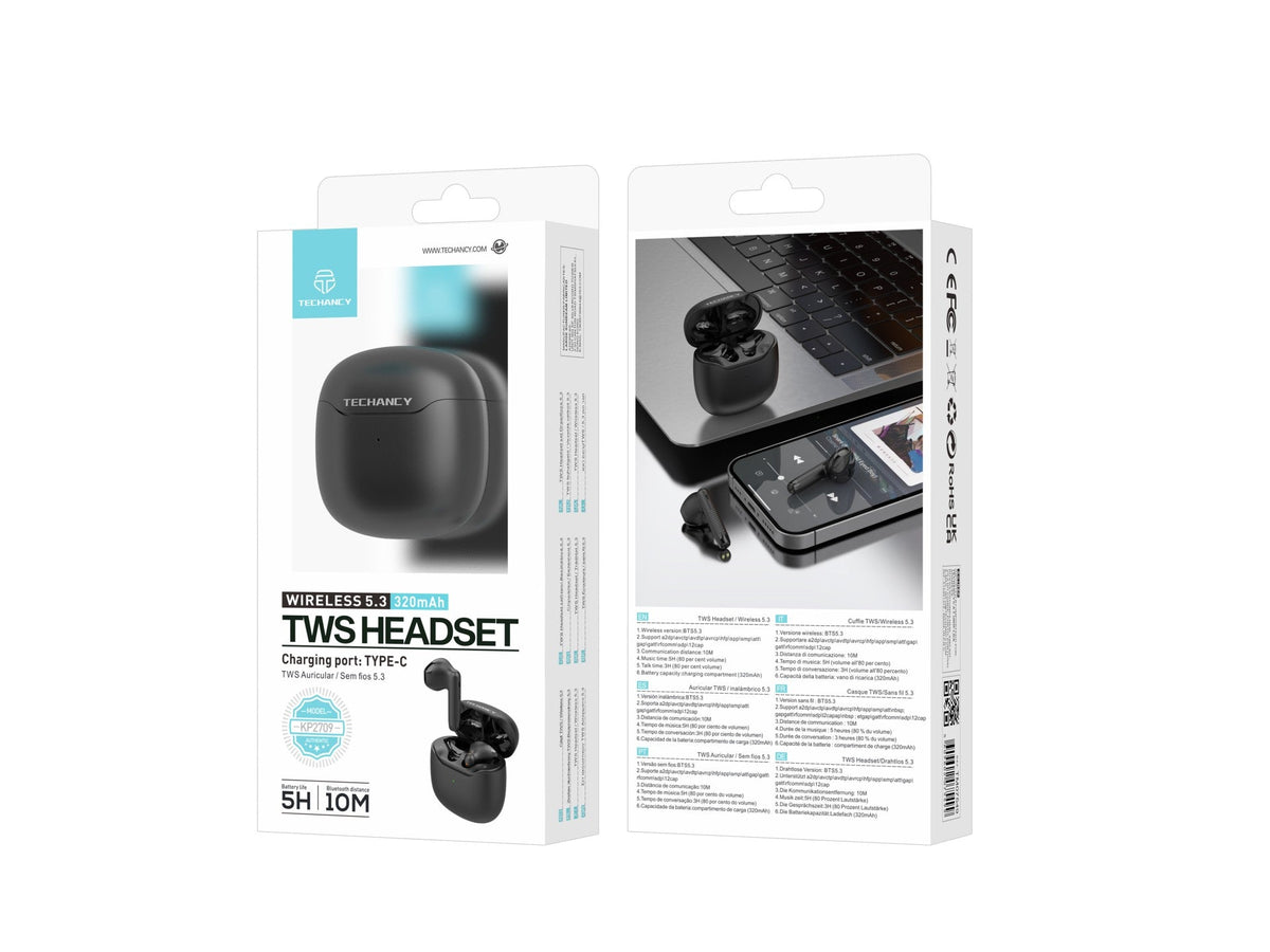 Black Techancy KP2709 TWS Bluetooth 5.3 earbuds, 10 m, 5 h music, 320 mAh case