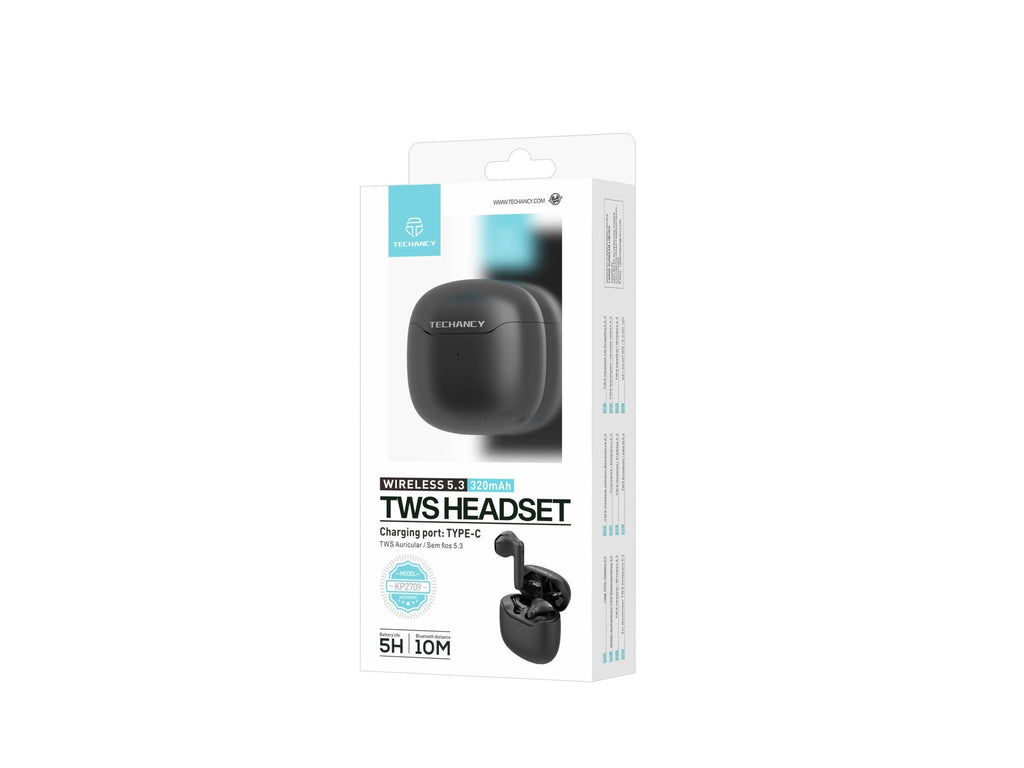 Black Techancy KP2709 TWS Bluetooth 5.3 earbuds, 10 m, 5 h music, 320 mAh case