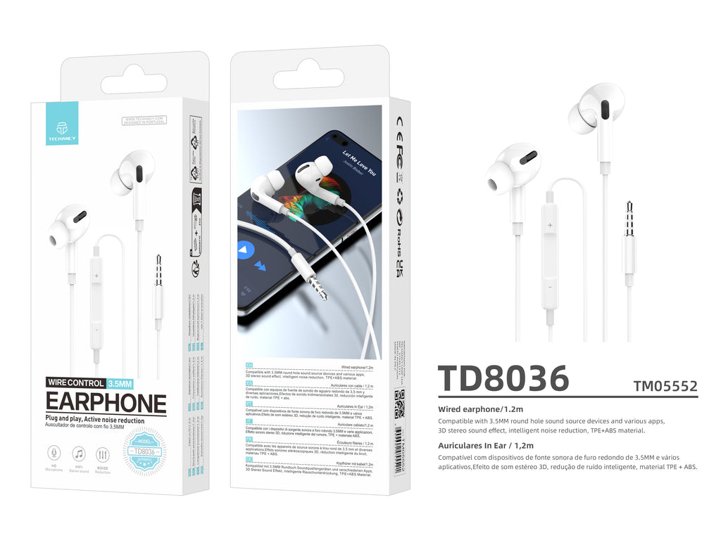 White Techancy TD8036 wired 3.5 mm earphones with microphone